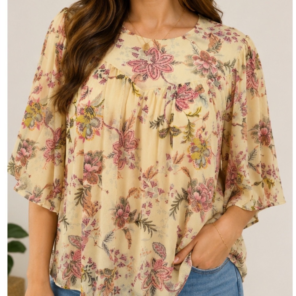 Lane Bryant Pink Floral‎ Mesh Empire Waist Blouse Cream Size 10/12 Short Sleeve